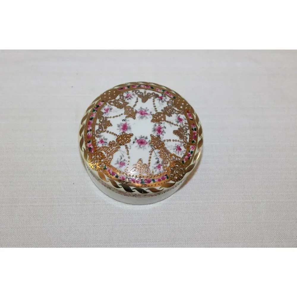 Vintage Nippon Victorian Moriage Porcelain Powder Box – Floral Gold Beaded